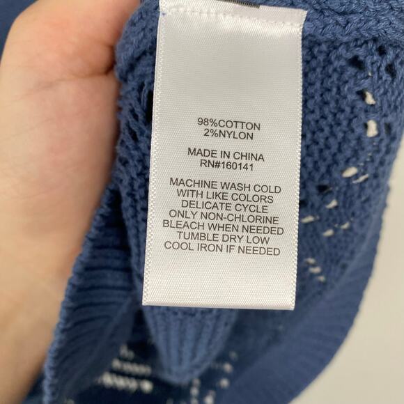 FRYE Blue Square Neck Knit Blouse Geometric Short‎ Sleeve Stretch Size Medium - Picture 6 of 7